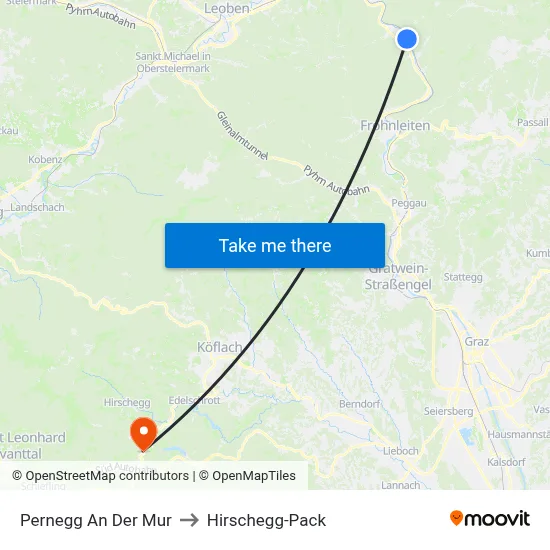 Pernegg An Der Mur to Hirschegg-Pack map