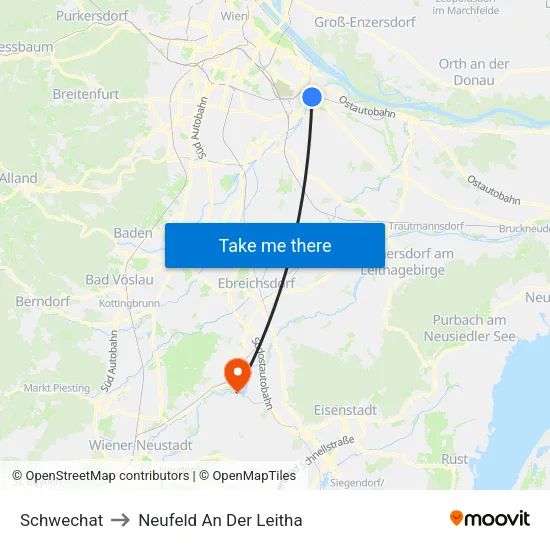 Schwechat to Neufeld An Der Leitha map