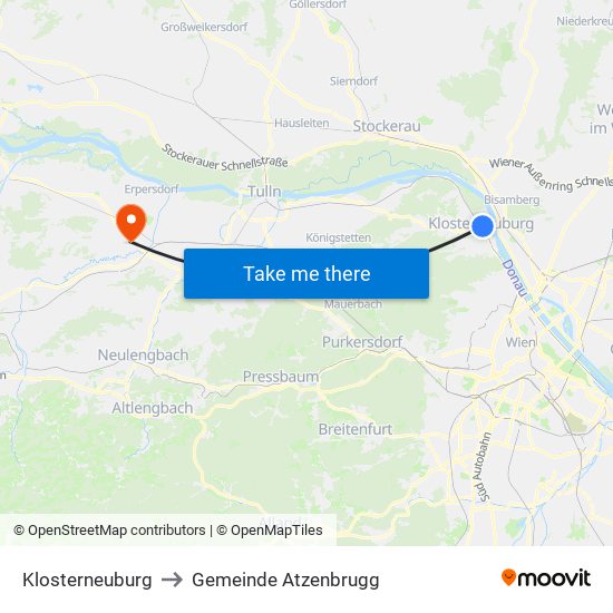 Klosterneuburg to Gemeinde Atzenbrugg map
