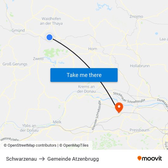 Schwarzenau to Gemeinde Atzenbrugg map