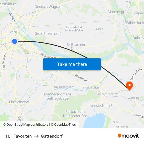 10., Favoriten to Gattendorf map