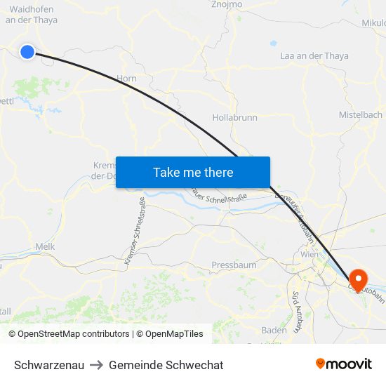 Schwarzenau to Gemeinde Schwechat map