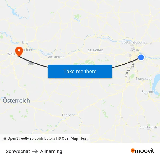Schwechat to Allhaming map