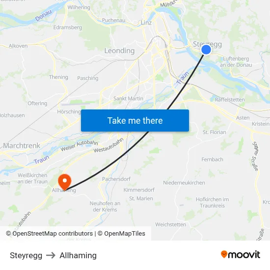 Steyregg to Allhaming map