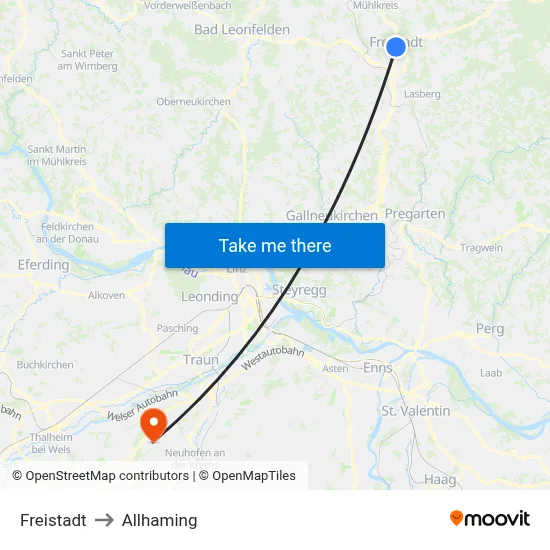 Freistadt to Allhaming map