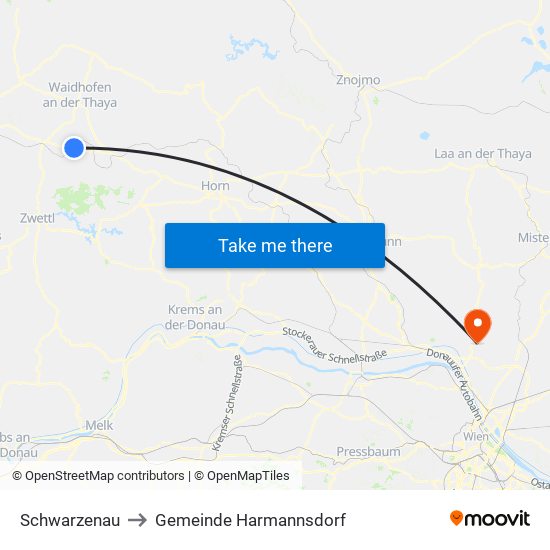 Schwarzenau to Gemeinde Harmannsdorf map