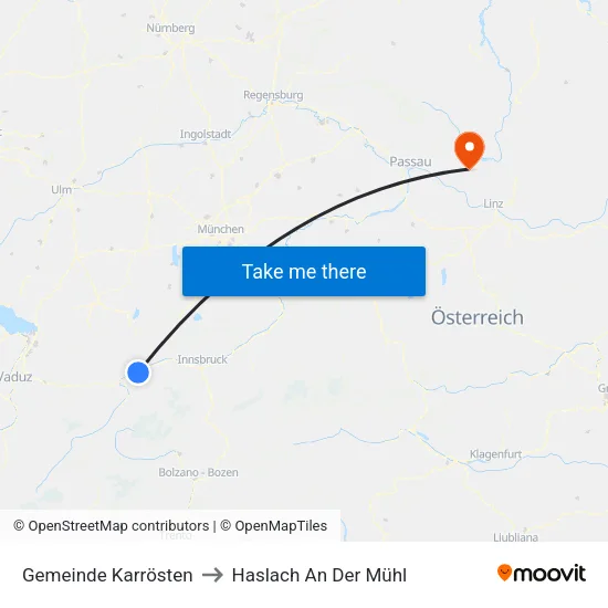 Gemeinde Karrösten to Haslach An Der Mühl map