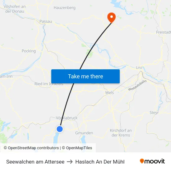 Seewalchen am Attersee to Haslach An Der Mühl map