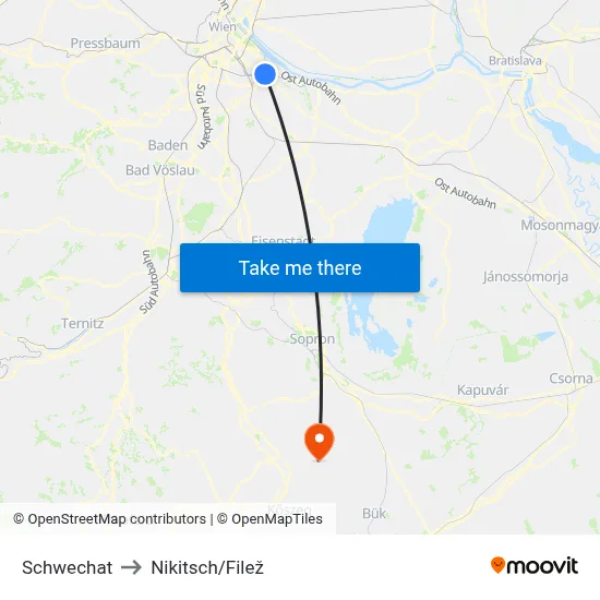 Schwechat to Nikitsch/Filež map