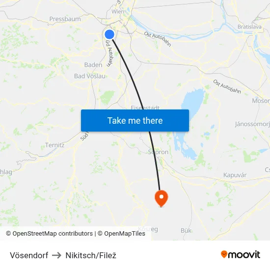 Vösendorf to Nikitsch/Filež map