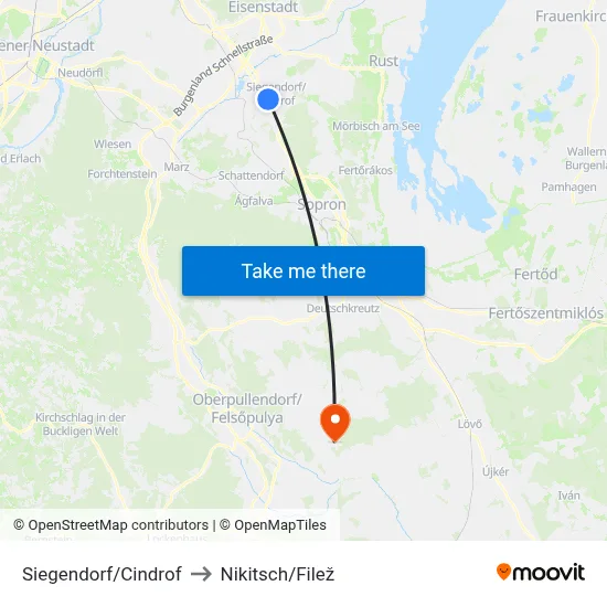 Siegendorf/Cindrof to Nikitsch/Filež map