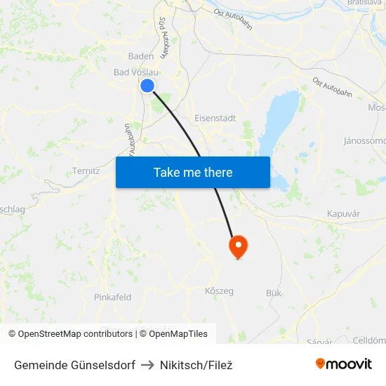 Gemeinde Günselsdorf to Nikitsch/Filež map