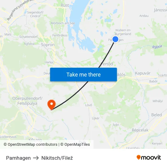 Pamhagen to Nikitsch/Filež map