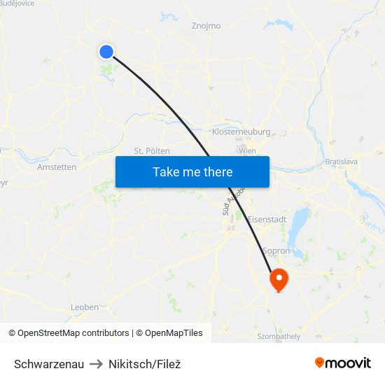 Schwarzenau to Nikitsch/Filež map