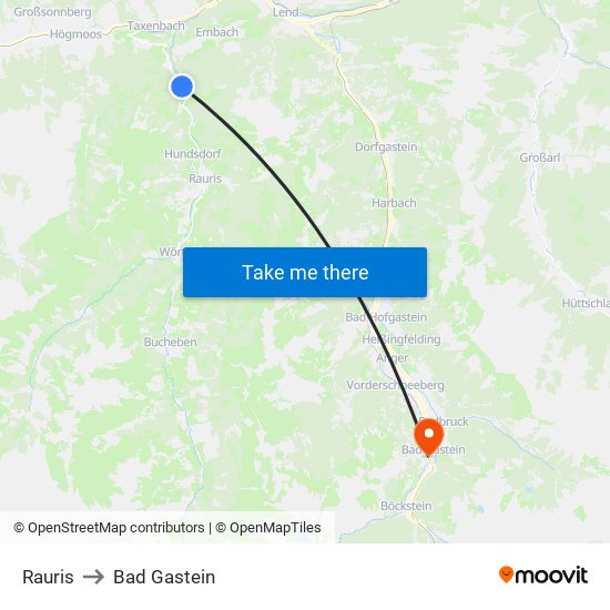 Rauris to Bad Gastein map