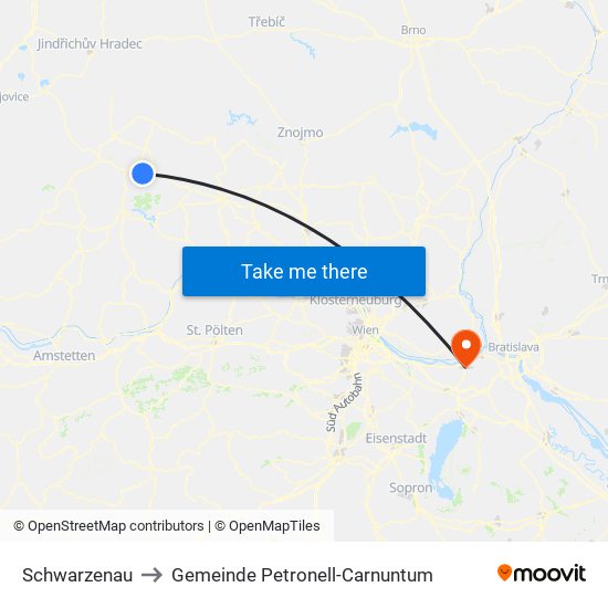 Schwarzenau to Gemeinde Petronell-Carnuntum map