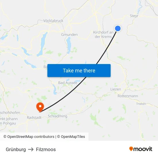 Grünburg to Filzmoos map