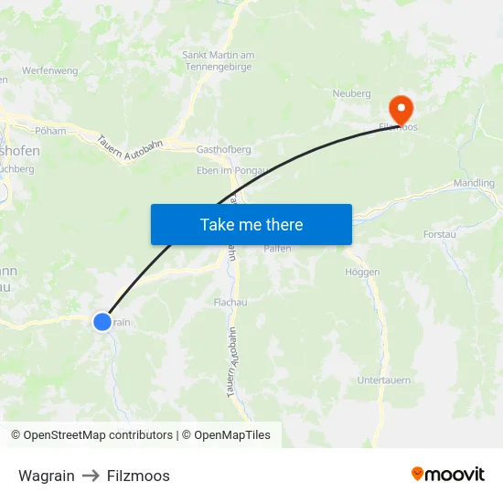 Wagrain to Filzmoos map