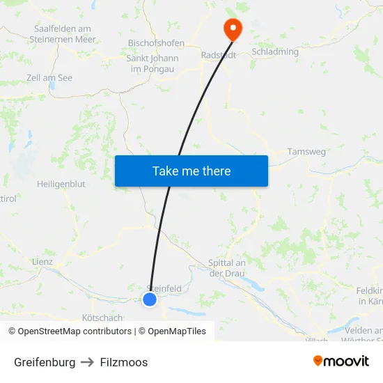 Greifenburg to Filzmoos map
