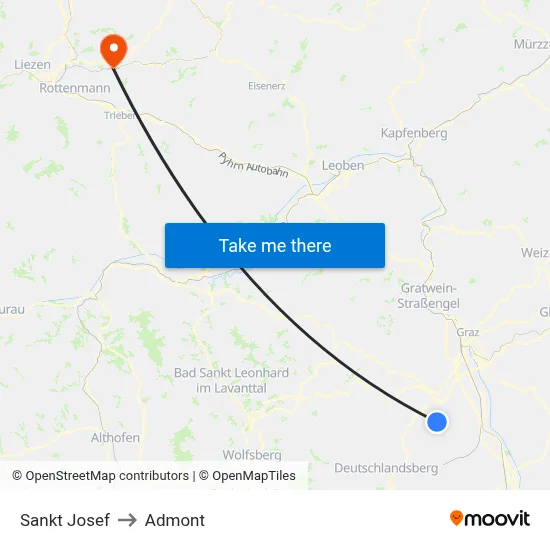 Sankt Josef to Admont map