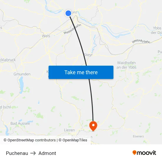 Puchenau to Admont map