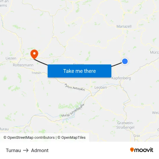 Turnau to Admont map