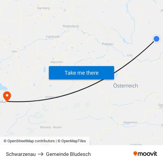 Schwarzenau to Gemeinde Bludesch map