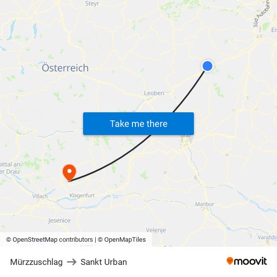 Mürzzuschlag to Sankt Urban map