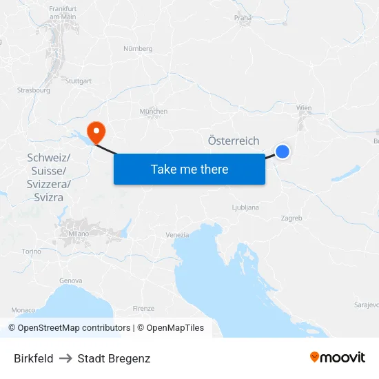 Birkfeld to Stadt Bregenz map
