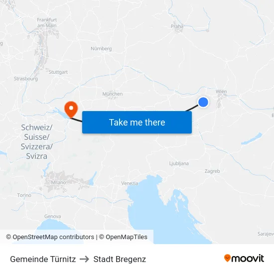 Gemeinde Türnitz to Stadt Bregenz map