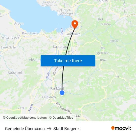 Gemeinde Übersaxen to Stadt Bregenz map
