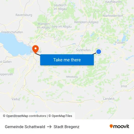 Gemeinde Schattwald to Stadt Bregenz map