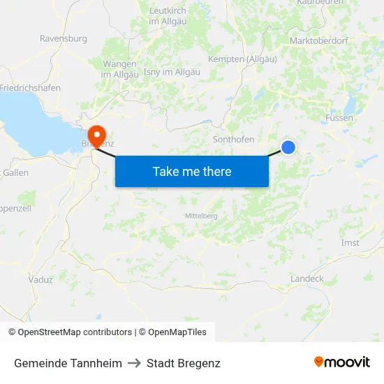 Gemeinde Tannheim to Stadt Bregenz map