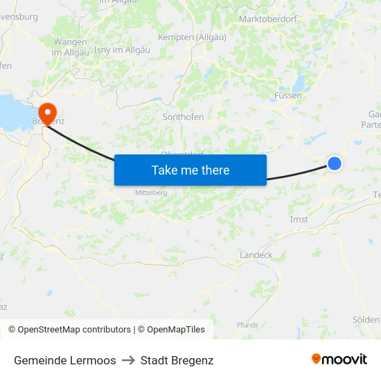 Gemeinde Lermoos to Stadt Bregenz map