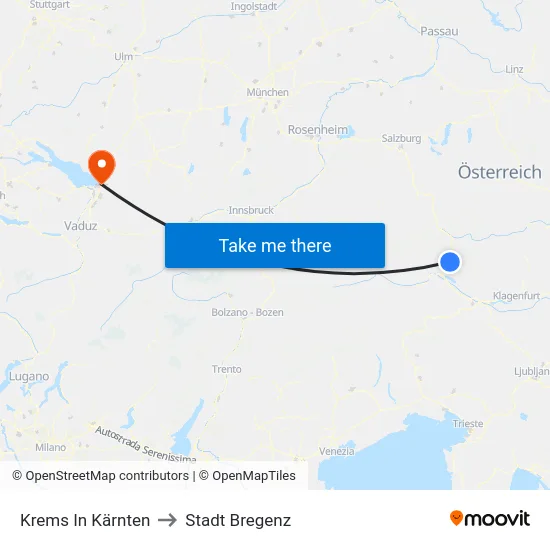 Krems In Kärnten to Stadt Bregenz map