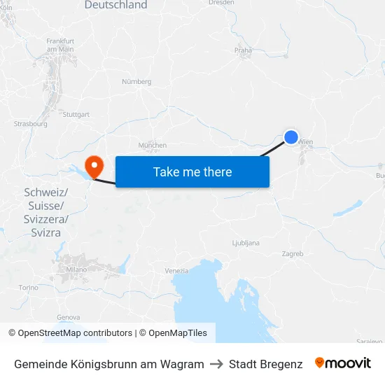 Gemeinde Königsbrunn am Wagram to Stadt Bregenz map