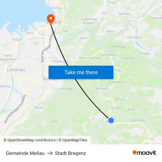 Gemeinde Mellau to Stadt Bregenz map