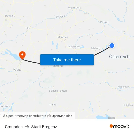 Gmunden to Stadt Bregenz map