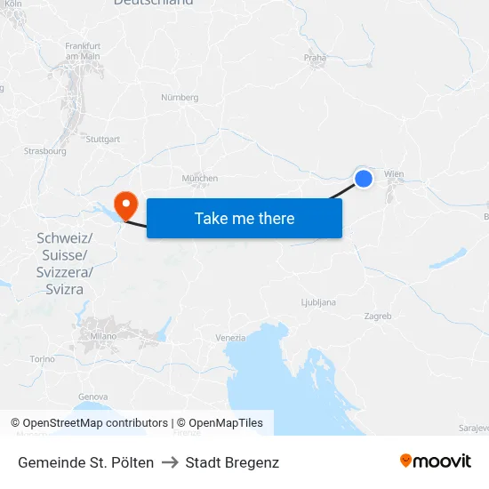 Gemeinde St. Pölten to Stadt Bregenz map