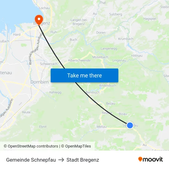 Gemeinde Schnepfau to Stadt Bregenz map
