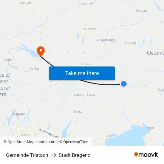 Gemeinde Tristach to Stadt Bregenz map