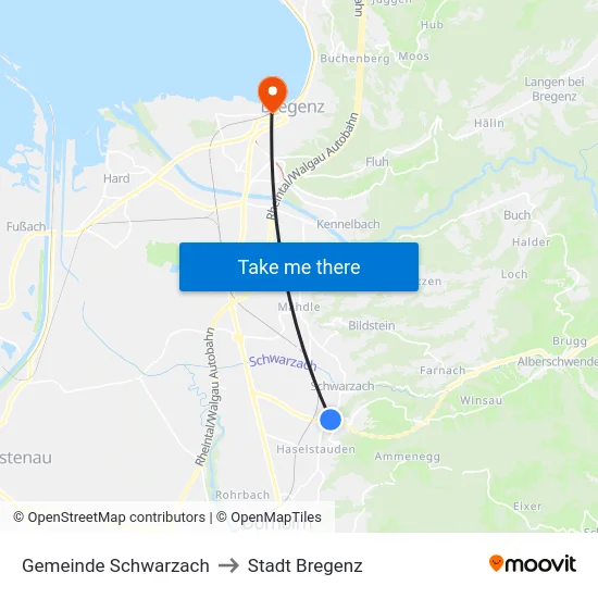 Gemeinde Schwarzach to Stadt Bregenz map
