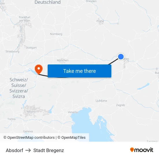 Absdorf to Stadt Bregenz map