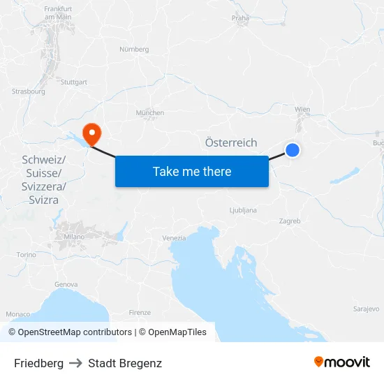 Friedberg to Stadt Bregenz map