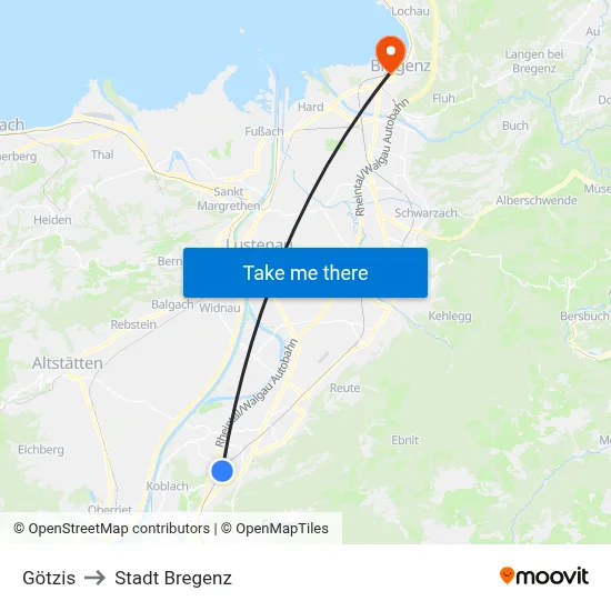 Götzis to Stadt Bregenz map