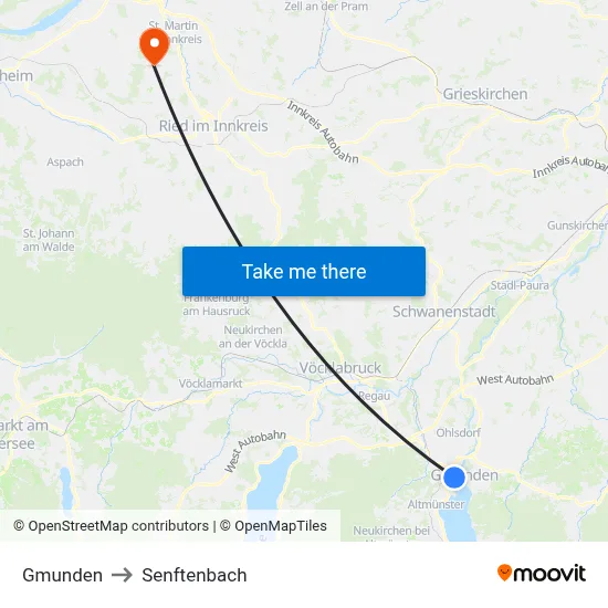 Gmunden to Senftenbach map