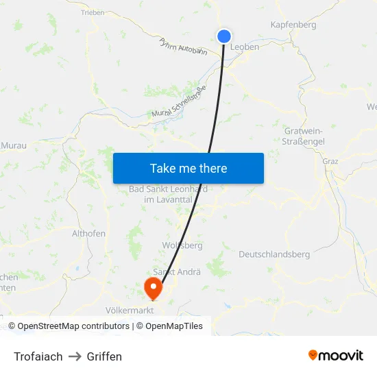 Trofaiach to Griffen map