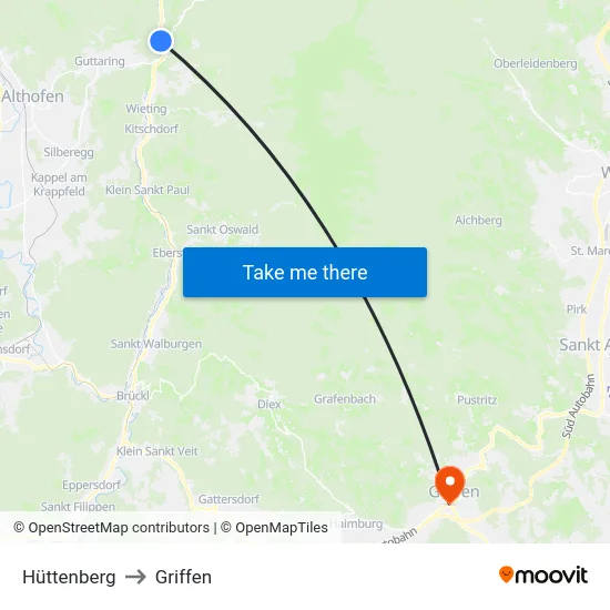 Hüttenberg to Griffen map