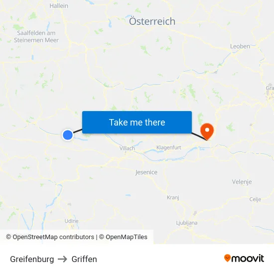 Greifenburg to Griffen map