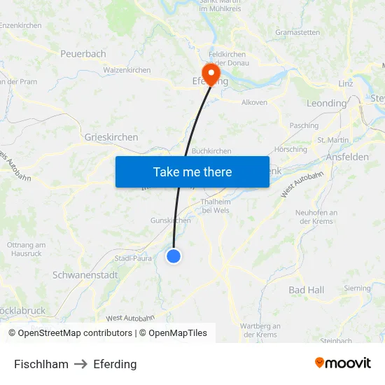 Fischlham to Eferding map